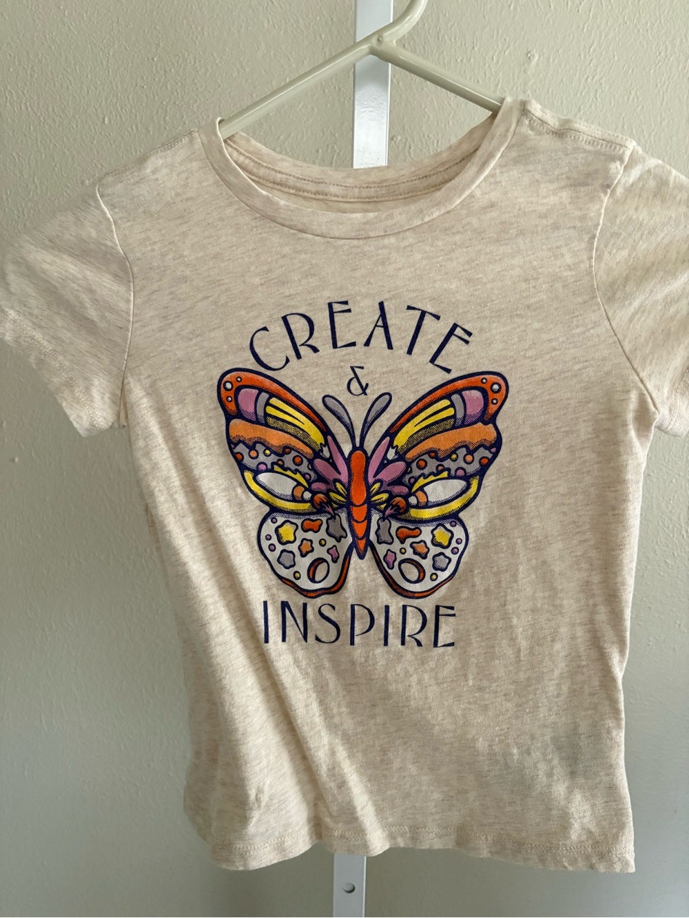 Old Navy Cream Tee with Colorful Butterfly and 'Create & Inspire' Childs Size S